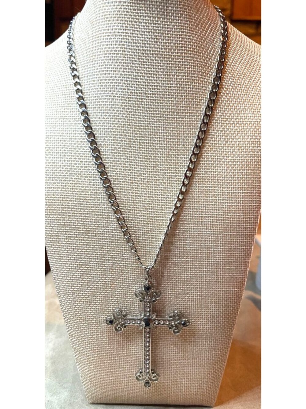 Goth Rhinestone Cross Curb Chain Necklace